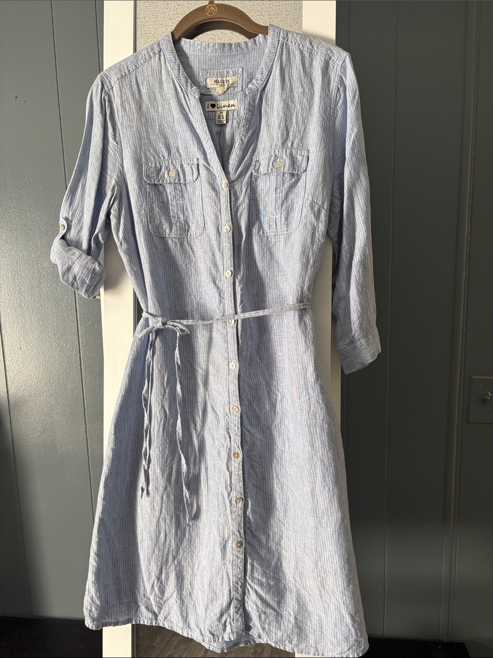 Light Blue Chambray Striped Linen Button-Front Midi Dress with Tie Waist
